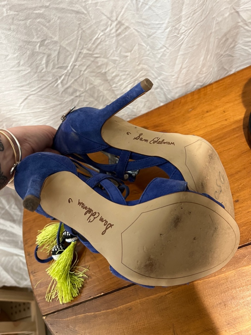 Sam Edelman Royal Blue Suede Lace-Up Heels with Neon Yellow Tassels - Picture 4 of 4